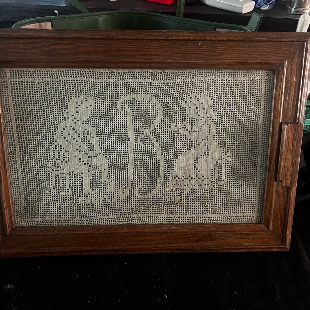 Vintage Oak Serving Tray crocheted